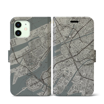 【弁天町（大阪府）】地図柄iPhoneケース（手帳タイプ）モノトーン・iPhone 12 mini 用