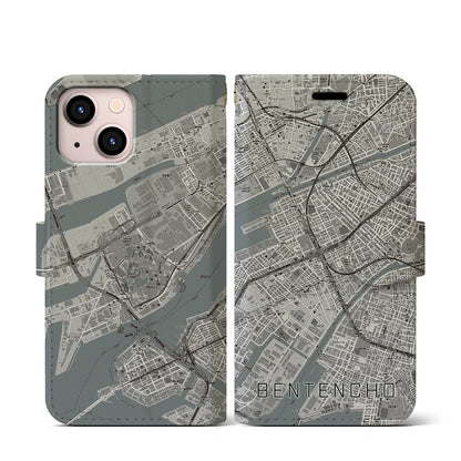 【弁天町（大阪府）】地図柄iPhoneケース（手帳タイプ）モノトーン・iPhone 13 mini 用
