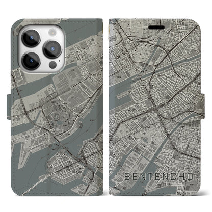 【弁天町（大阪府）】地図柄iPhoneケース（手帳タイプ）モノトーン・iPhone 14 Pro 用