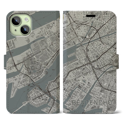 【弁天町（大阪府）】地図柄iPhoneケース（手帳タイプ）モノトーン・iPhone 15 用
