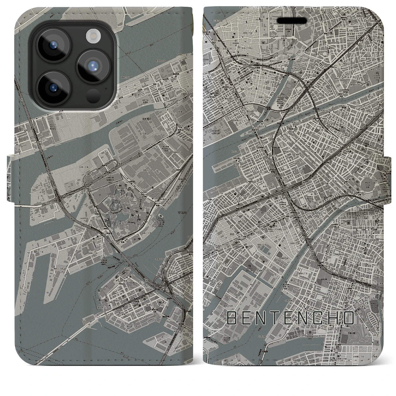 【弁天町】地図柄iPhoneケース（手帳両面タイプ・モノトーン）iPhone 15 Pro Max 用