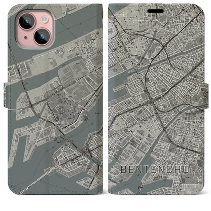 【弁天町（大阪府）】地図柄iPhoneケース（手帳タイプ）モノトーン・iPhone 15 Plus 用