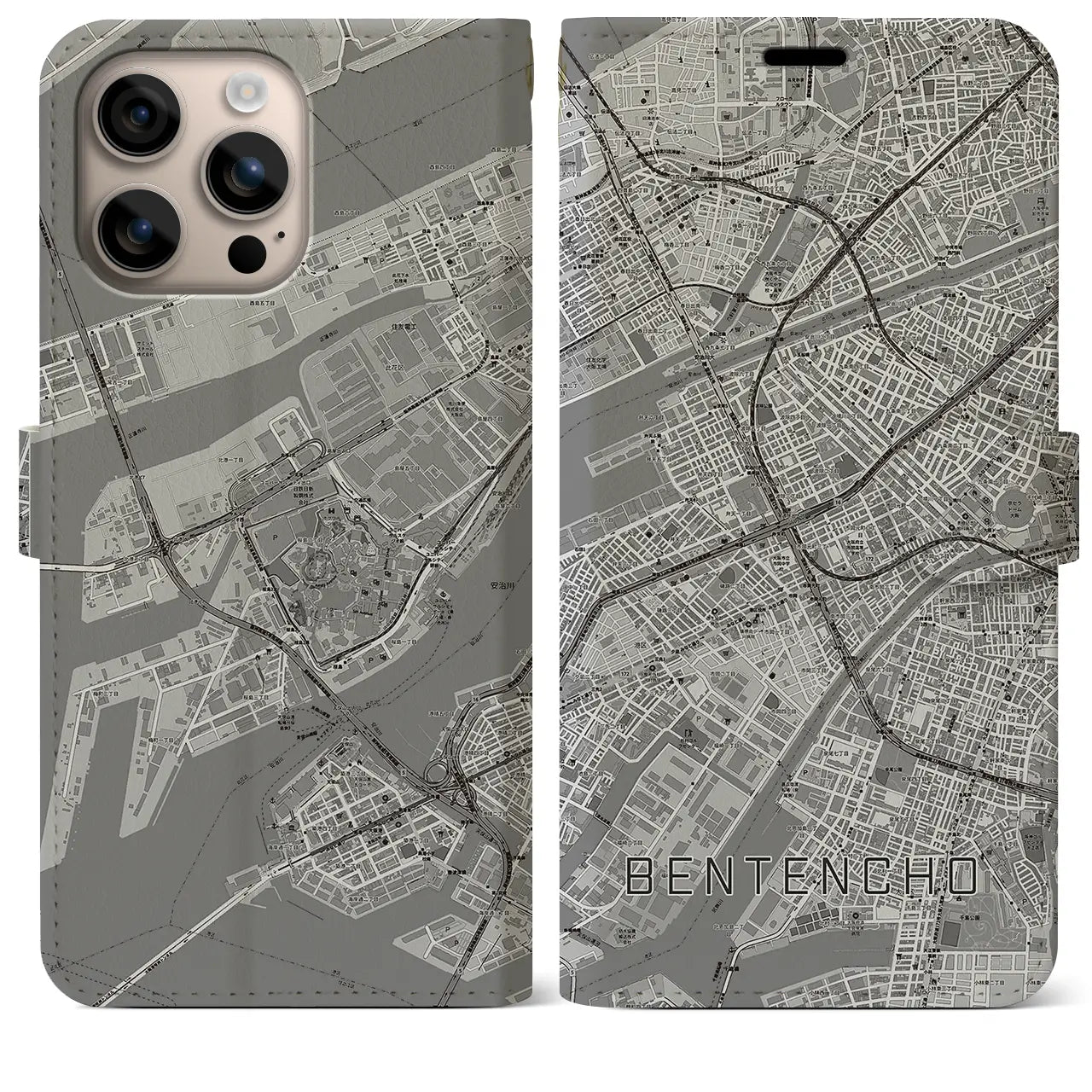 【弁天町（大阪府）】地図柄iPhoneケース（手帳タイプ）モノトーン・iPhone 16 Plus 用