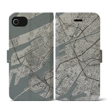 【弁天町（大阪府）】地図柄iPhoneケース（手帳タイプ）モノトーン・iPhone SE（第3 / 第2世代） / 8 / 7 / 6s / 6 用