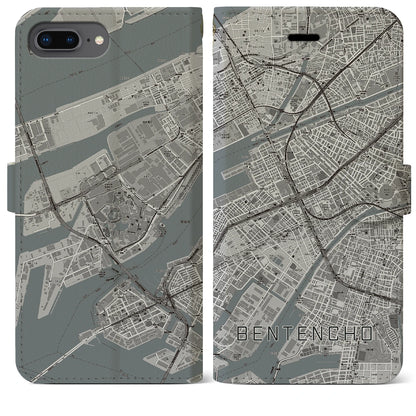 【弁天町（大阪府）】地図柄iPhoneケース（手帳タイプ）モノトーン・iPhone 8Plus /7Plus / 6sPlus / 6Plus 用