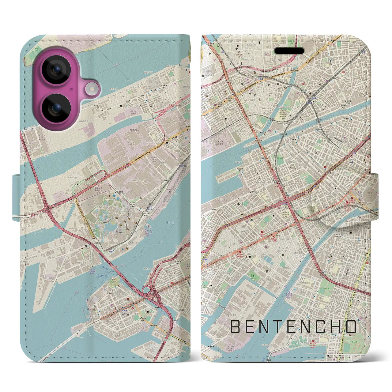 【弁天町（大阪府）】地図柄iPhoneケース（手帳タイプ）