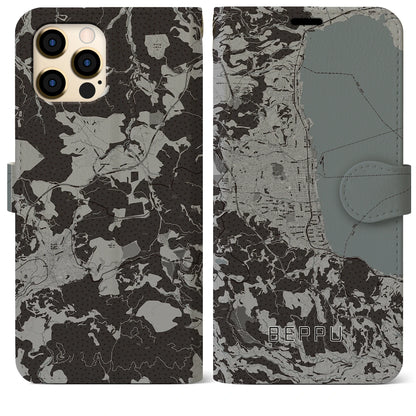 【別府（大分県）】地図柄iPhoneケース（手帳タイプ）モノトーン・iPhone 12 Pro Max 用