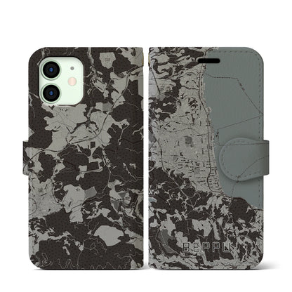 【別府（大分県）】地図柄iPhoneケース（手帳タイプ）モノトーン・iPhone 12 mini 用