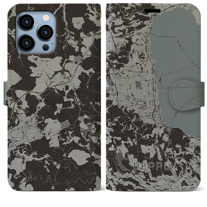 【別府（大分県）】地図柄iPhoneケース（手帳タイプ）モノトーン・iPhone 13 Pro Max 用