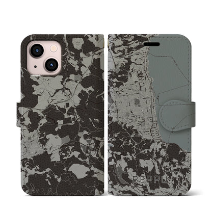 【別府（大分県）】地図柄iPhoneケース（手帳タイプ）モノトーン・iPhone 13 mini 用