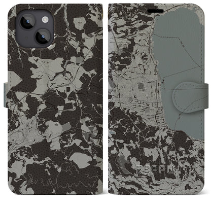 【別府（大分県）】地図柄iPhoneケース（手帳タイプ）モノトーン・iPhone 14 Plus 用