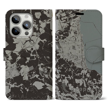 【別府（大分県）】地図柄iPhoneケース（手帳タイプ）モノトーン・iPhone 15 Pro 用