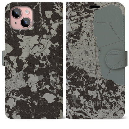 【別府（大分県）】地図柄iPhoneケース（手帳タイプ）モノトーン・iPhone 15 Plus 用