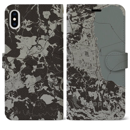 【別府（大分県）】地図柄iPhoneケース（手帳タイプ）モノトーン・iPhone XS Max 用