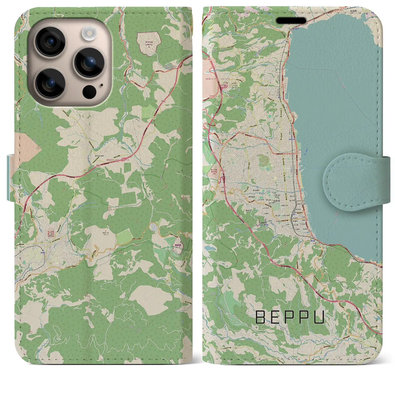 【別府（大分県）】地図柄iPhoneケース（手帳タイプ）ナチュラル・iPhone 16 Plus 用