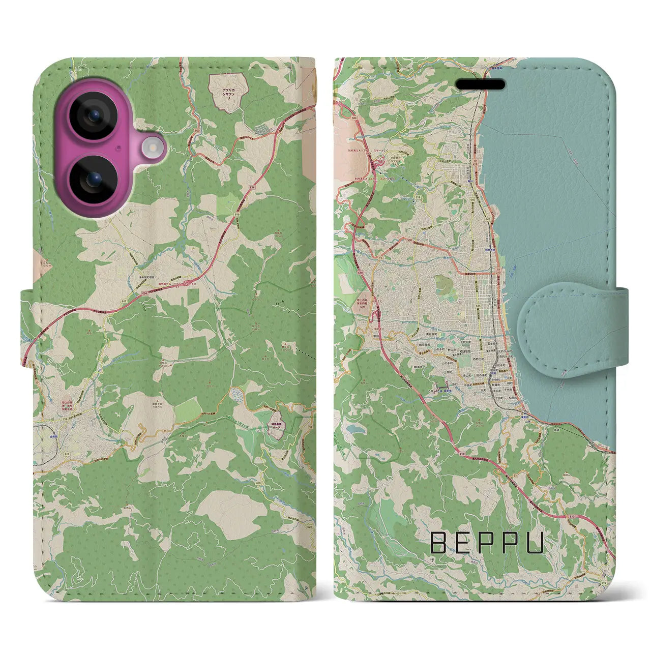 【別府（大分県）】地図柄iPhoneケース（手帳タイプ）ナチュラル・iPhone 16 Pro 用