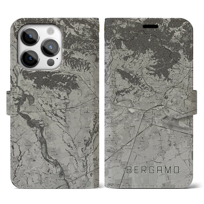 【ベルガモ（イタリア）】地図柄iPhoneケース（手帳タイプ）モノトーン・iPhone 14 Pro 用