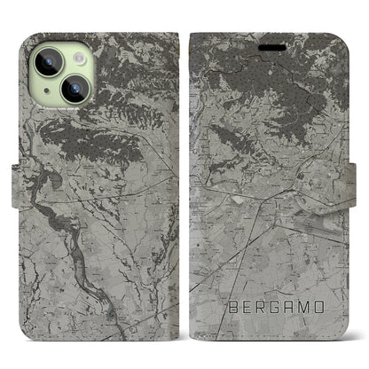 【ベルガモ（イタリア）】地図柄iPhoneケース（手帳タイプ）モノトーン・iPhone 15 用