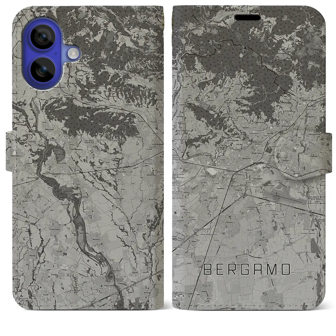 【ベルガモ(イタリア)】地図柄iPhoneケース(手帳タイプ)モノトーン・iPhone 16 Pro Max 用