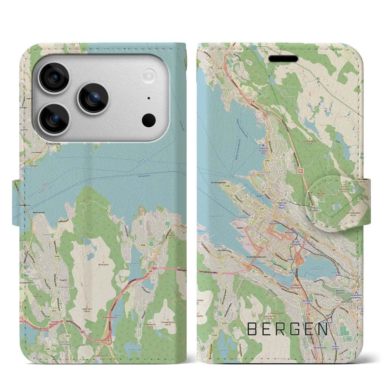 【ベルゲン（ノルウェー）】地図柄iPhoneケース（手帳タイプ）モノトーン・iPhone 17 Pro Max 用