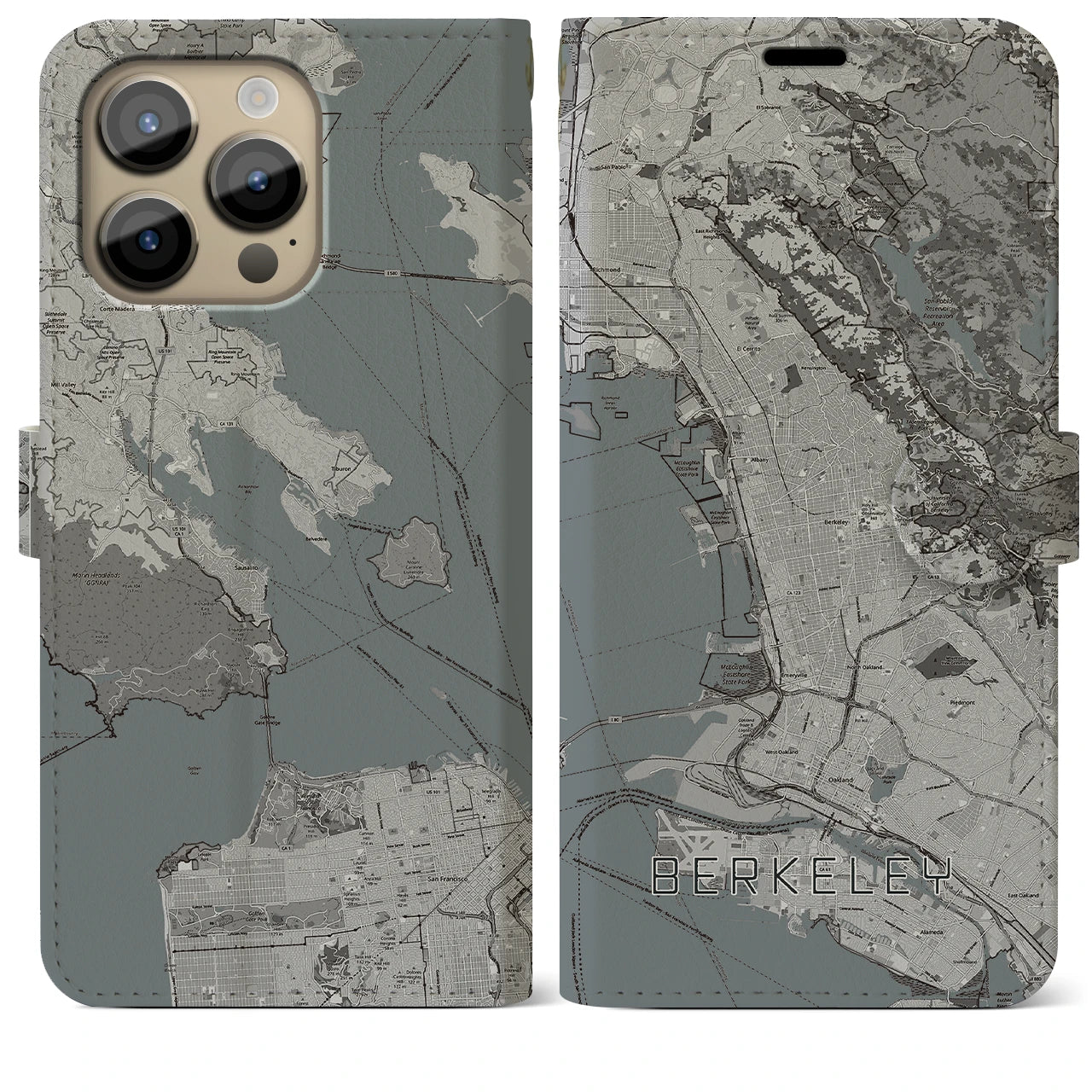 【バークレー】地図柄iPhoneケース（手帳両面タイプ・モノトーン）iPhone 14 Pro Max 用