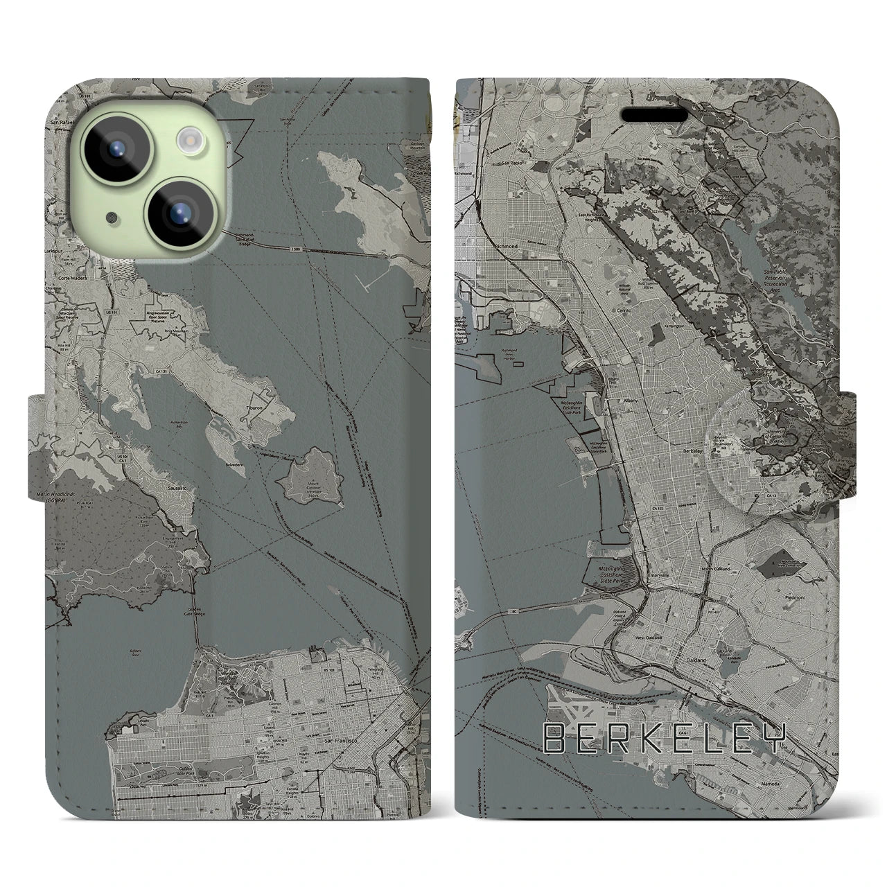 【バークレー】地図柄iPhoneケース（手帳両面タイプ・モノトーン）iPhone 15 用