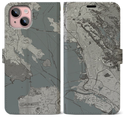 【バークレー（アメリカ）】地図柄iPhoneケース（手帳タイプ）モノトーン・iPhone 15 Plus 用