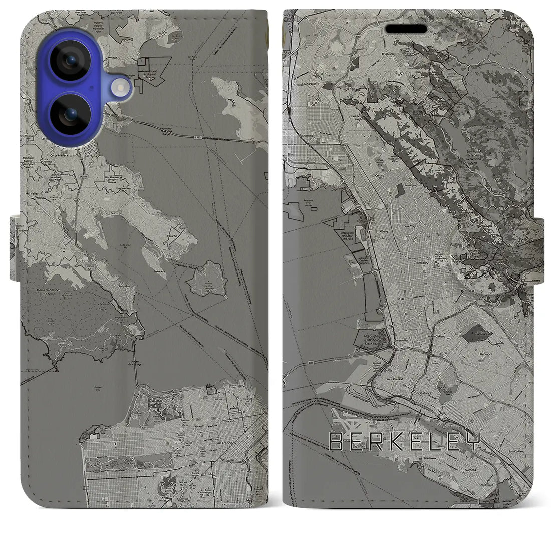 【バークレー(アメリカ)】地図柄iPhoneケース(手帳タイプ)モノトーン・iPhone 16 Pro Max 用
