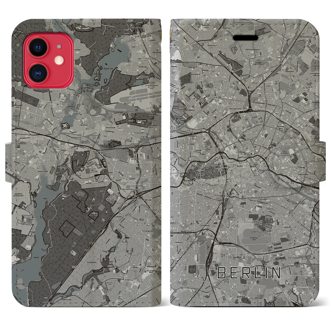【ベルリン】地図柄iPhoneケース（手帳両面タイプ・モノトーン）iPhone 11 用