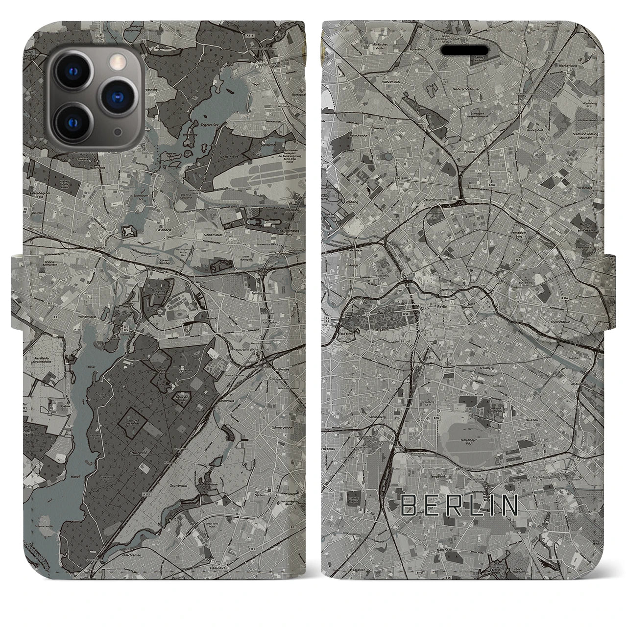 【ベルリン】地図柄iPhoneケース（手帳両面タイプ・モノトーン）iPhone 11 Pro Max 用