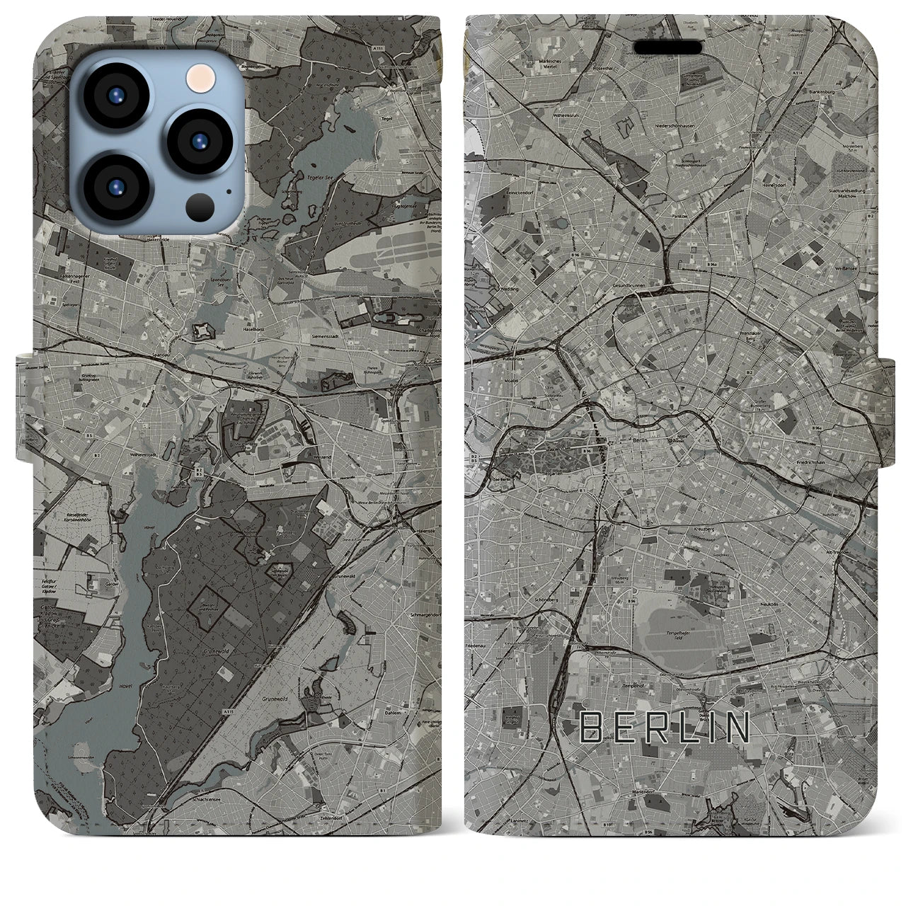 【ベルリン】地図柄iPhoneケース（手帳両面タイプ・モノトーン）iPhone 13 Pro Max 用