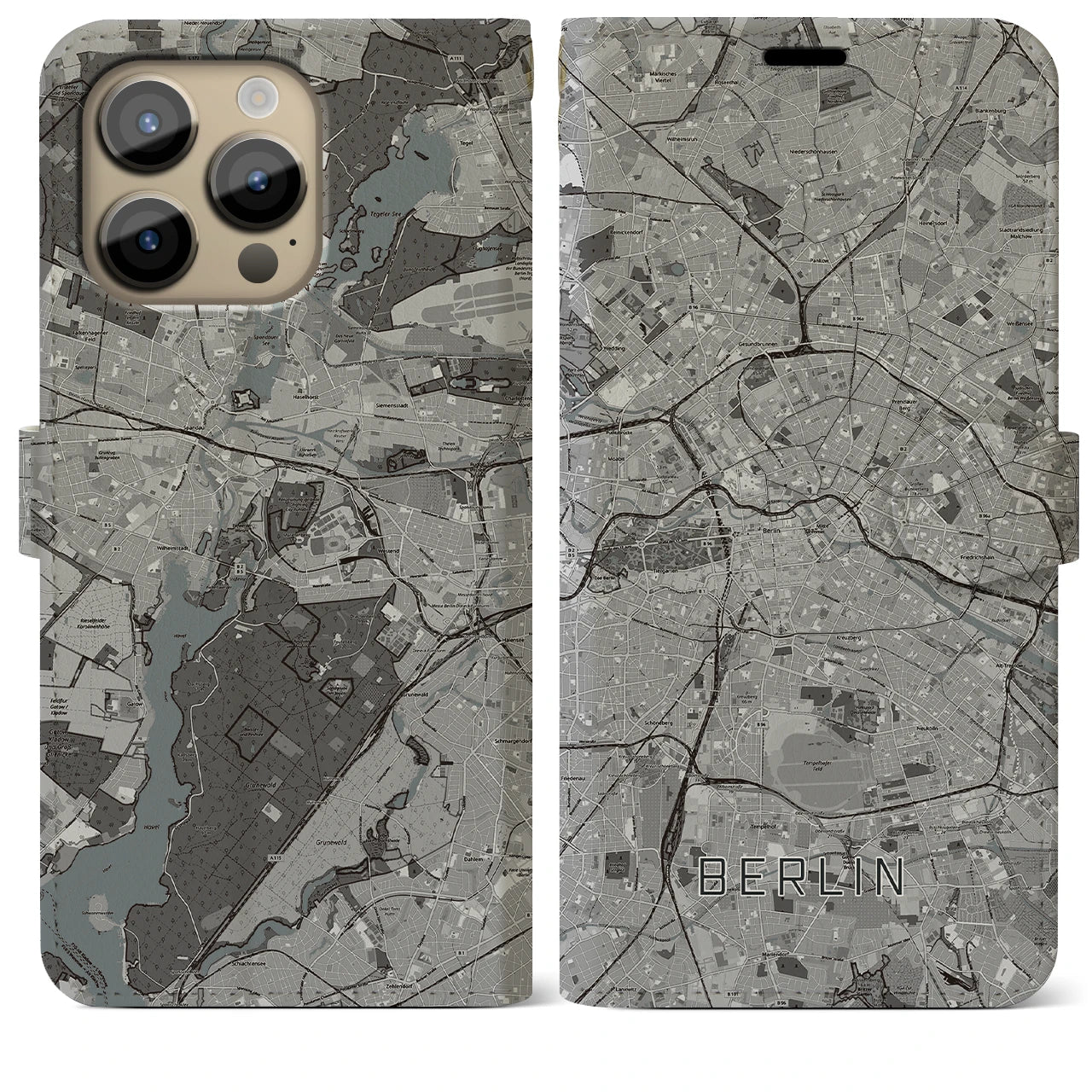 【ベルリン】地図柄iPhoneケース（手帳両面タイプ・モノトーン）iPhone 14 Pro Max 用