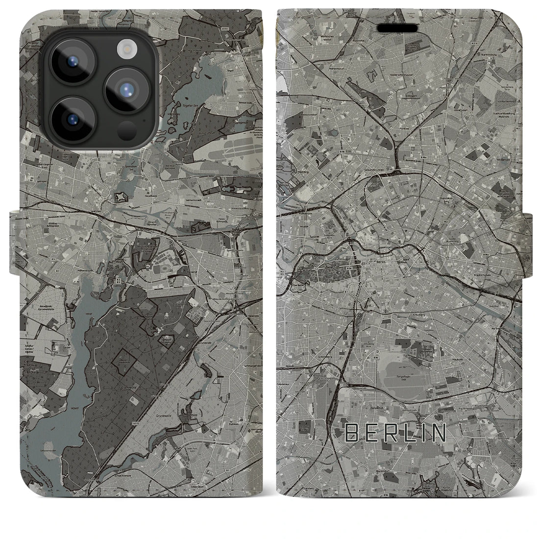 【ベルリン】地図柄iPhoneケース（手帳両面タイプ・モノトーン）iPhone 15 Pro Max 用