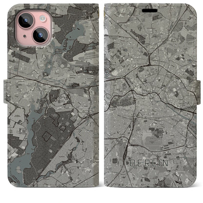 【ベルリン（ドイツ）】地図柄iPhoneケース（手帳タイプ）モノトーン・iPhone 15 Plus 用