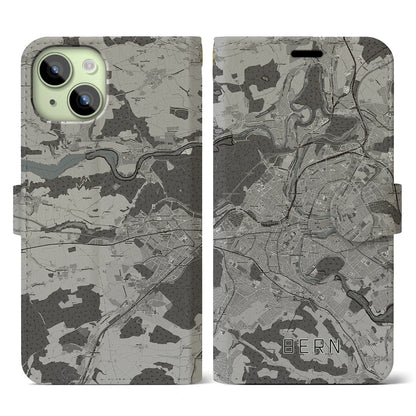 【ベルン（スイス）】地図柄iPhoneケース（手帳タイプ）モノトーン・iPhone 15 用