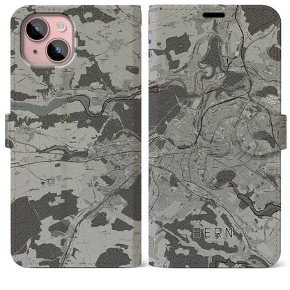 【ベルン（スイス）】地図柄iPhoneケース（手帳タイプ）モノトーン・iPhone 15 Plus 用