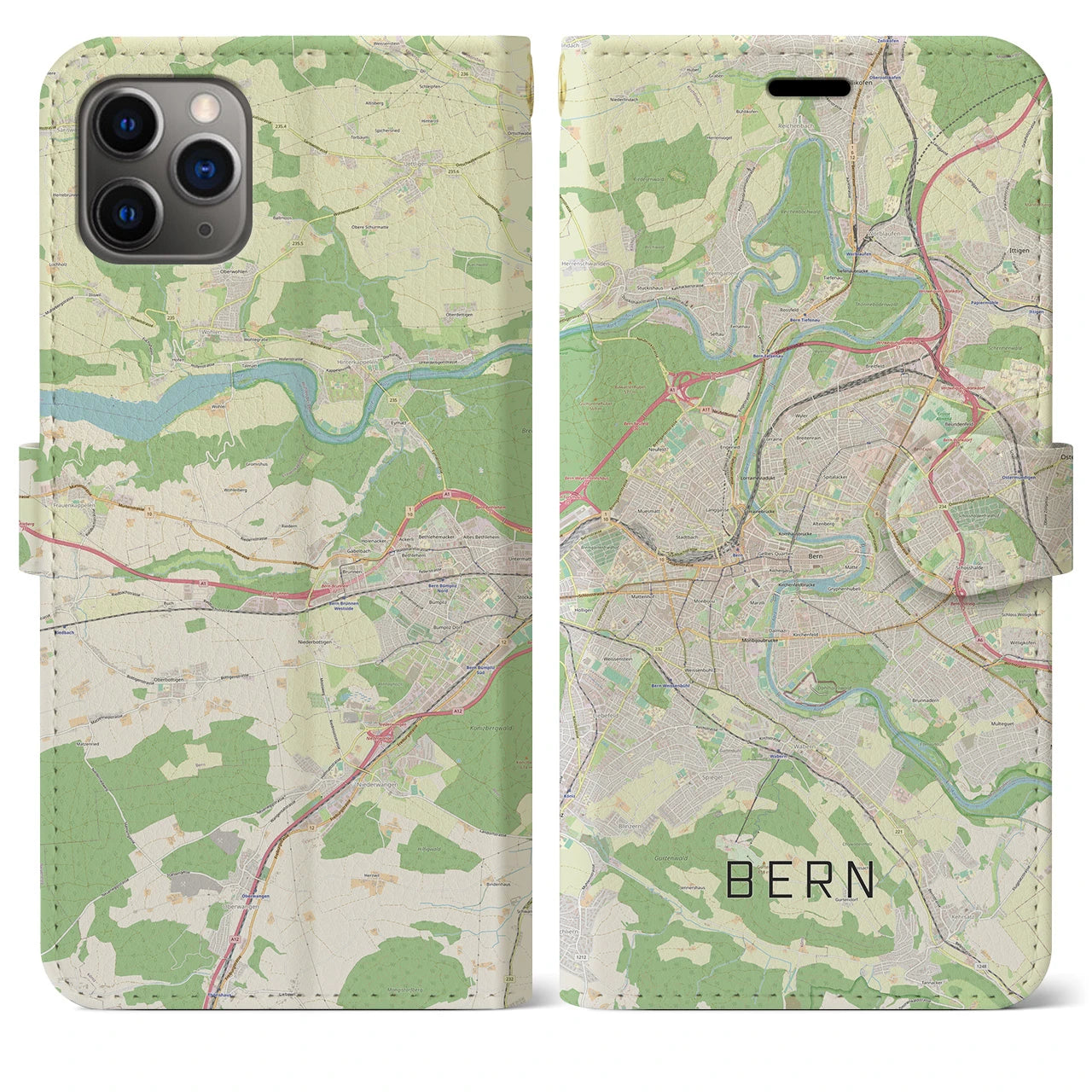【ベルン】地図柄iPhoneケース（手帳両面タイプ・ナチュラル）iPhone 11 Pro Max 用