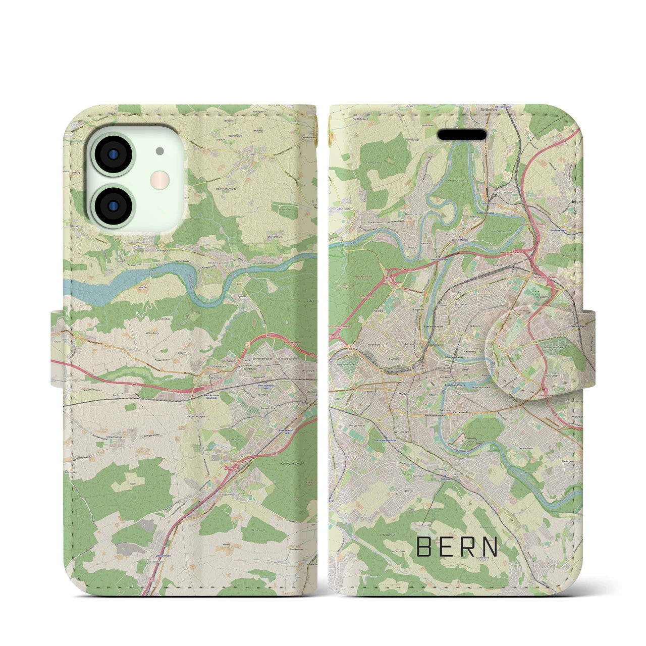 【ベルン】地図柄iPhoneケース（手帳両面タイプ・ナチュラル）iPhone 12 mini 用