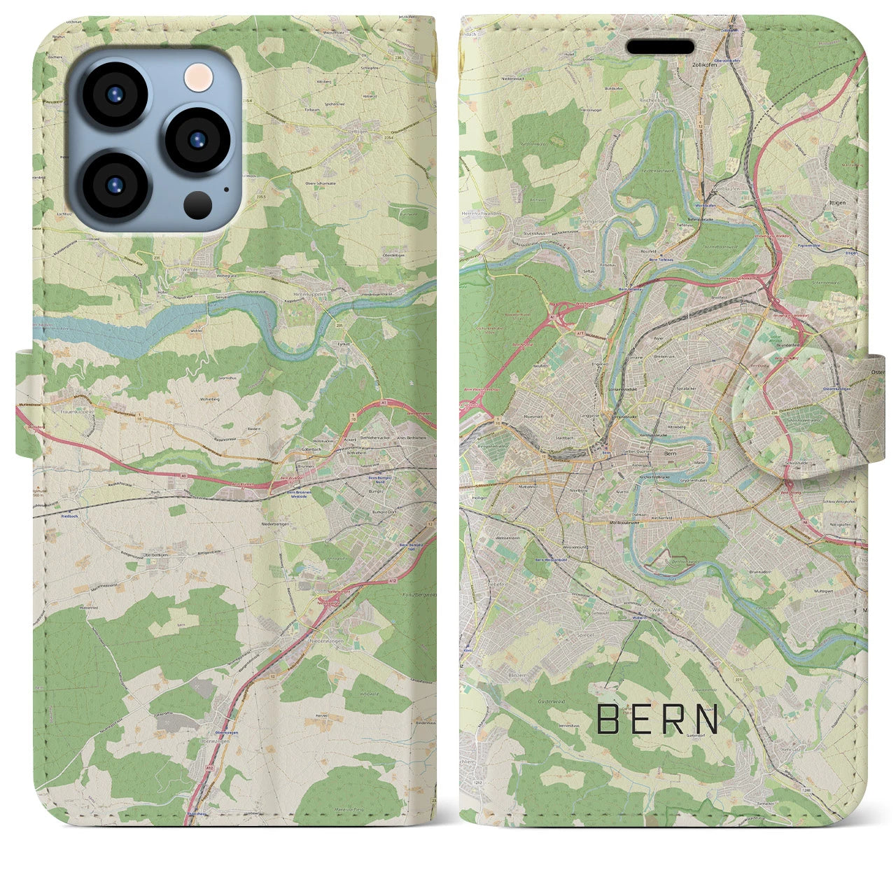 【ベルン】地図柄iPhoneケース（手帳両面タイプ・ナチュラル）iPhone 13 Pro Max 用