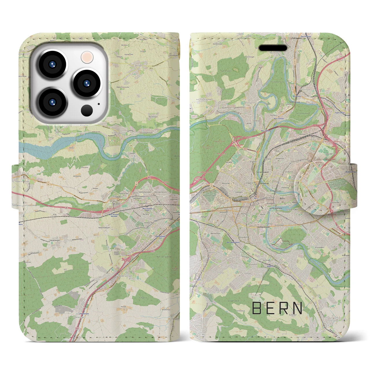 【ベルン】地図柄iPhoneケース（手帳両面タイプ・ナチュラル）iPhone 13 Pro 用