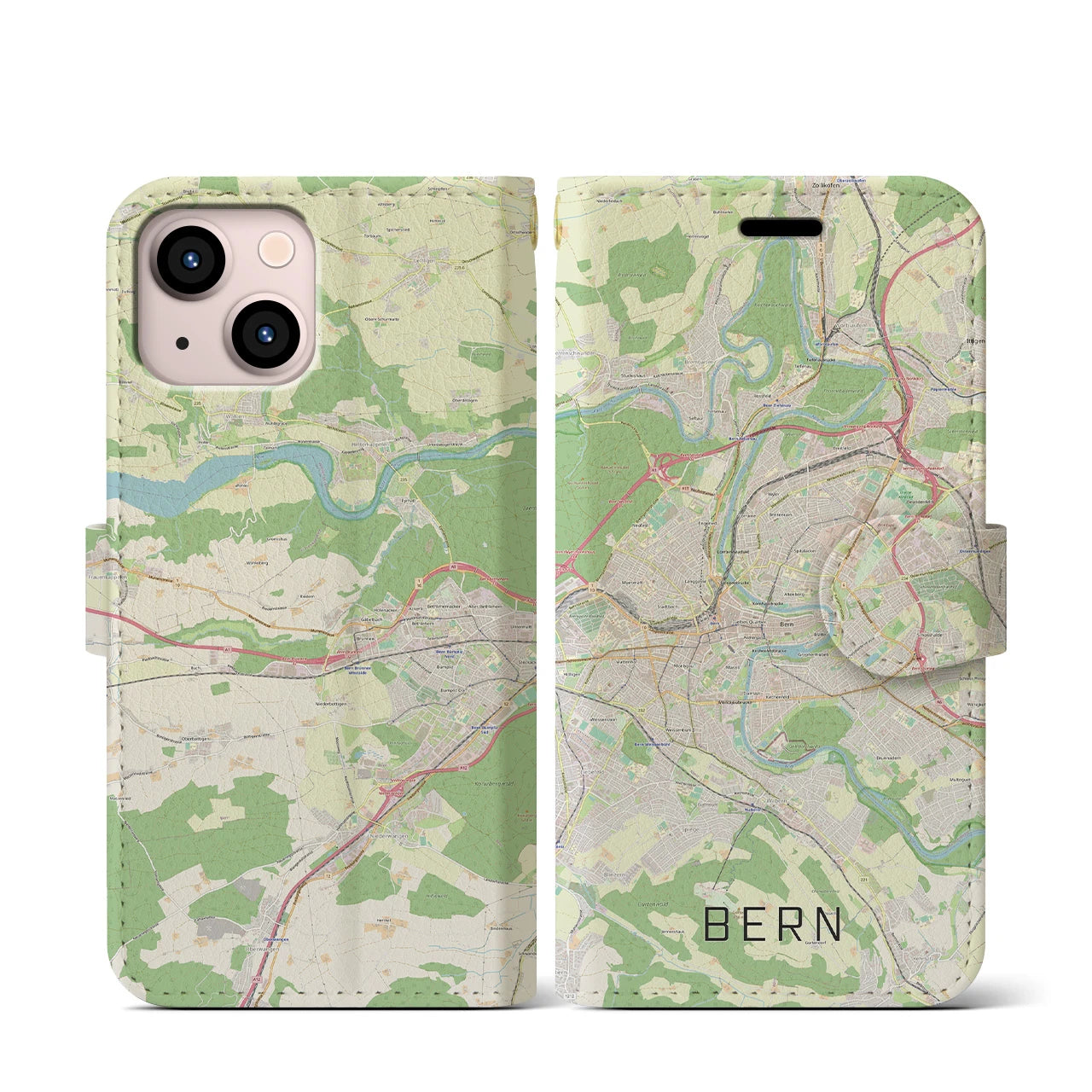 【ベルン】地図柄iPhoneケース（手帳両面タイプ・ナチュラル）iPhone 13 mini 用