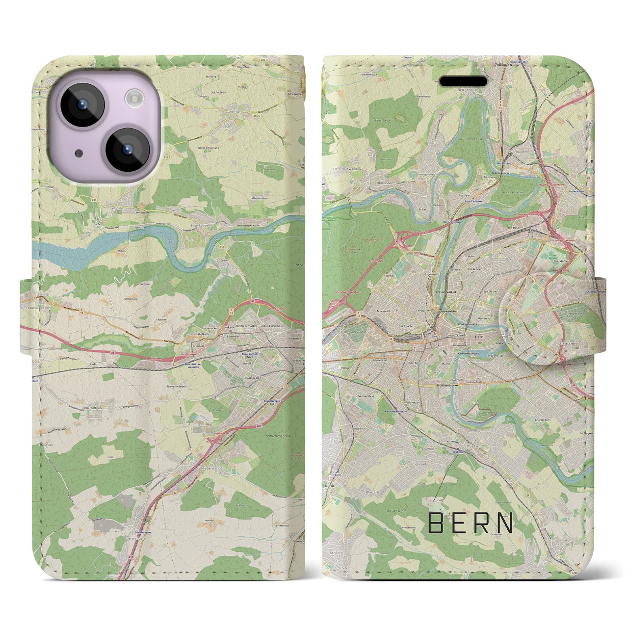 【ベルン】地図柄iPhoneケース（手帳両面タイプ・ナチュラル）iPhone 14 用