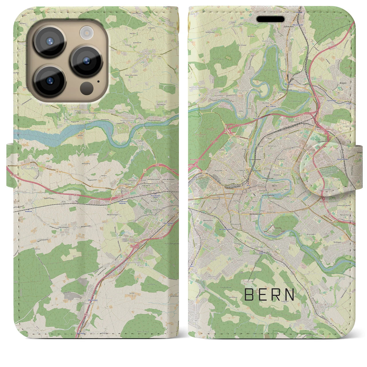 【ベルン】地図柄iPhoneケース（手帳両面タイプ・ナチュラル）iPhone 14 Pro Max 用