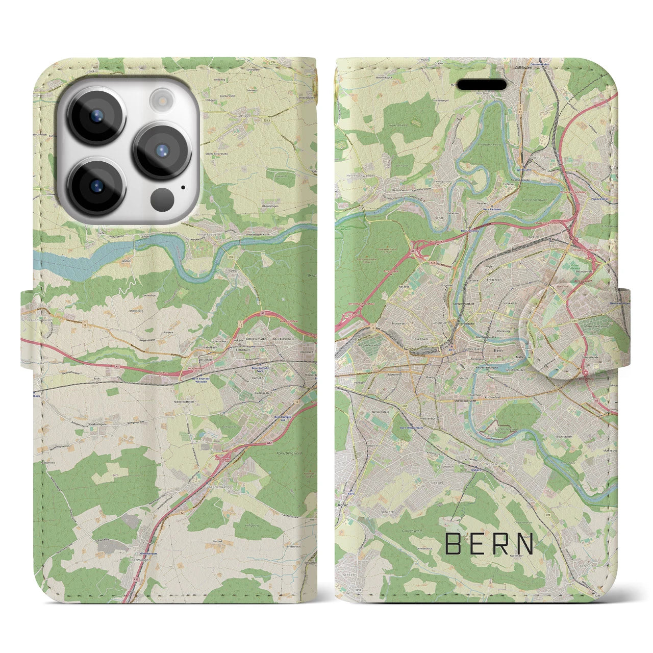 【ベルン】地図柄iPhoneケース（手帳両面タイプ・ナチュラル）iPhone 14 Pro 用