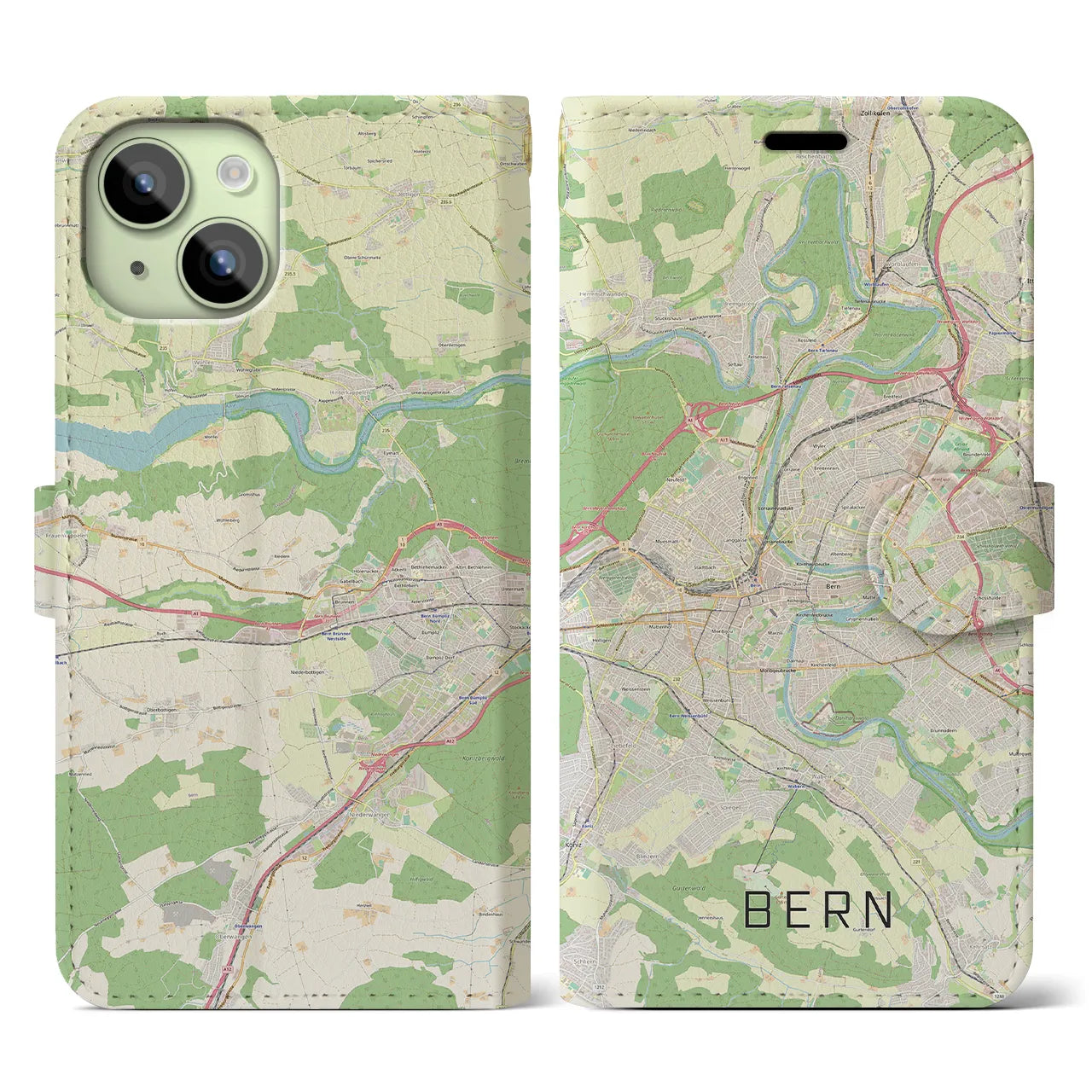 【ベルン】地図柄iPhoneケース（手帳両面タイプ・ナチュラル）iPhone 15 用