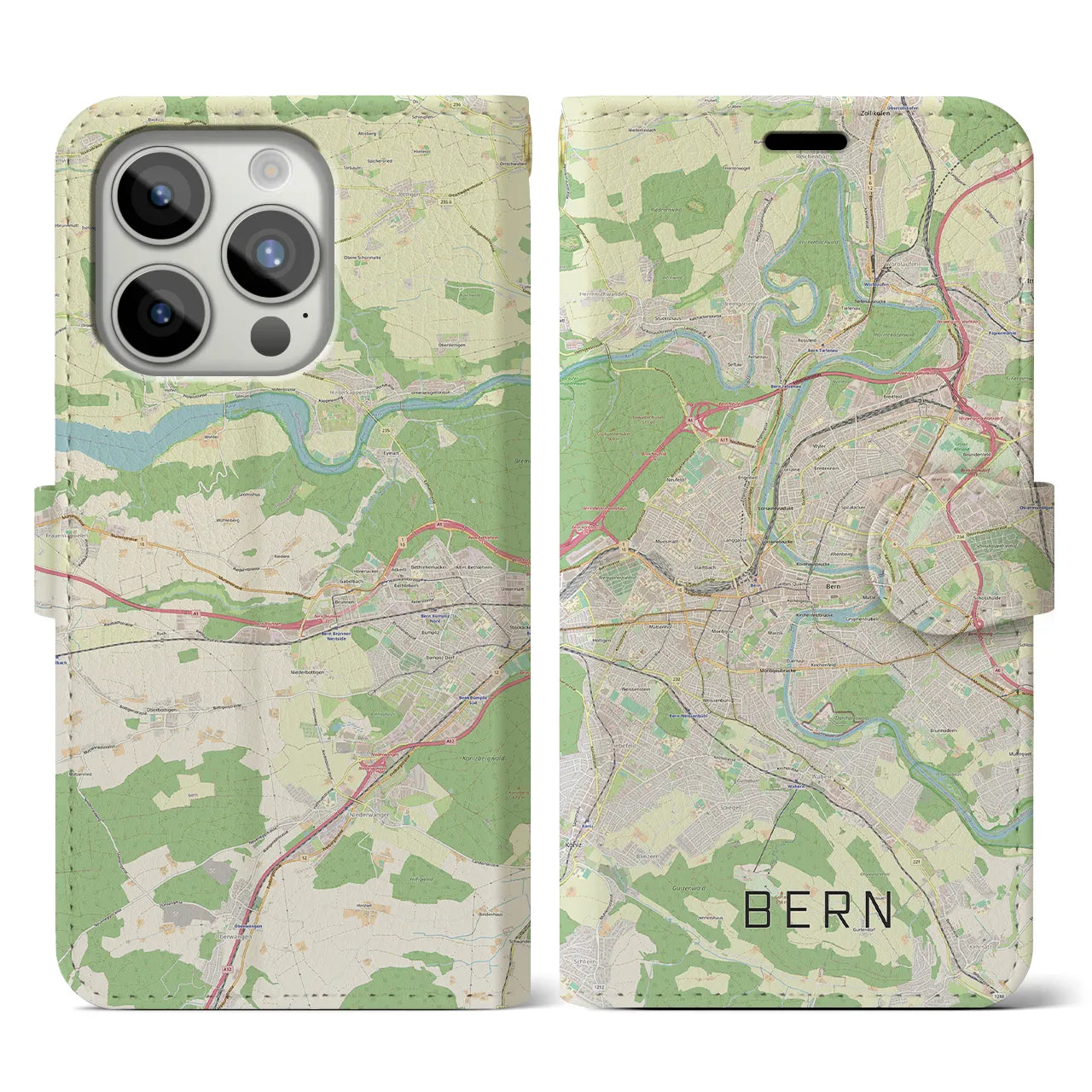 【ベルン】地図柄iPhoneケース（手帳両面タイプ・ナチュラル）iPhone 15 Pro 用