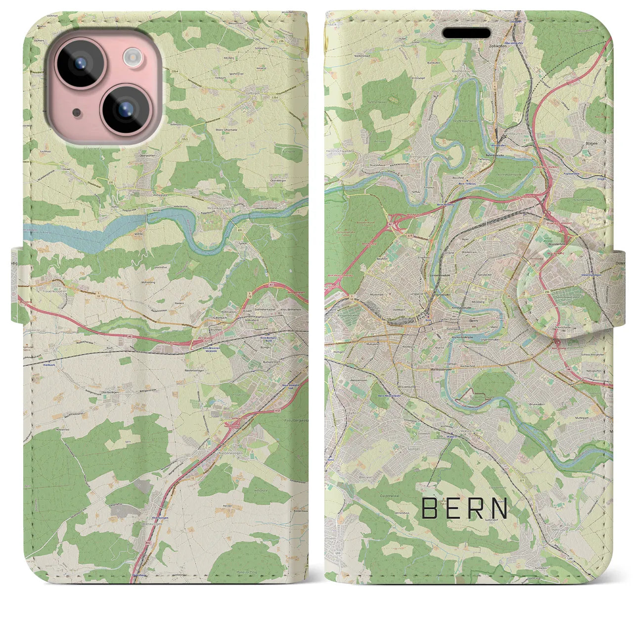【ベルン】地図柄iPhoneケース（手帳両面タイプ・ナチュラル）iPhone 15 Plus 用