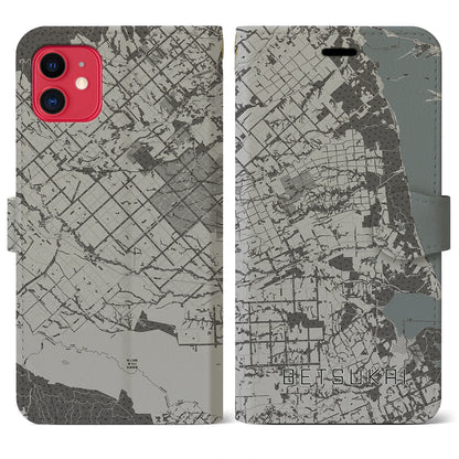 【別海（北海道）】地図柄iPhoneケース（手帳タイプ）モノトーン・iPhone 11 用