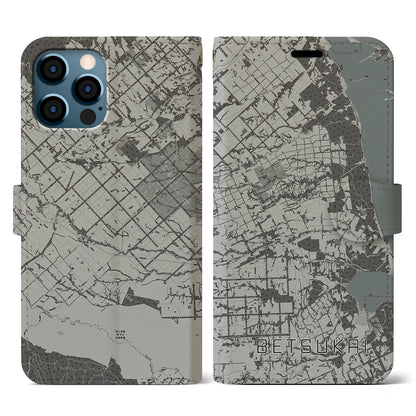 【別海（北海道）】地図柄iPhoneケース（手帳タイプ）モノトーン・iPhone 12 / 12 Pro 用