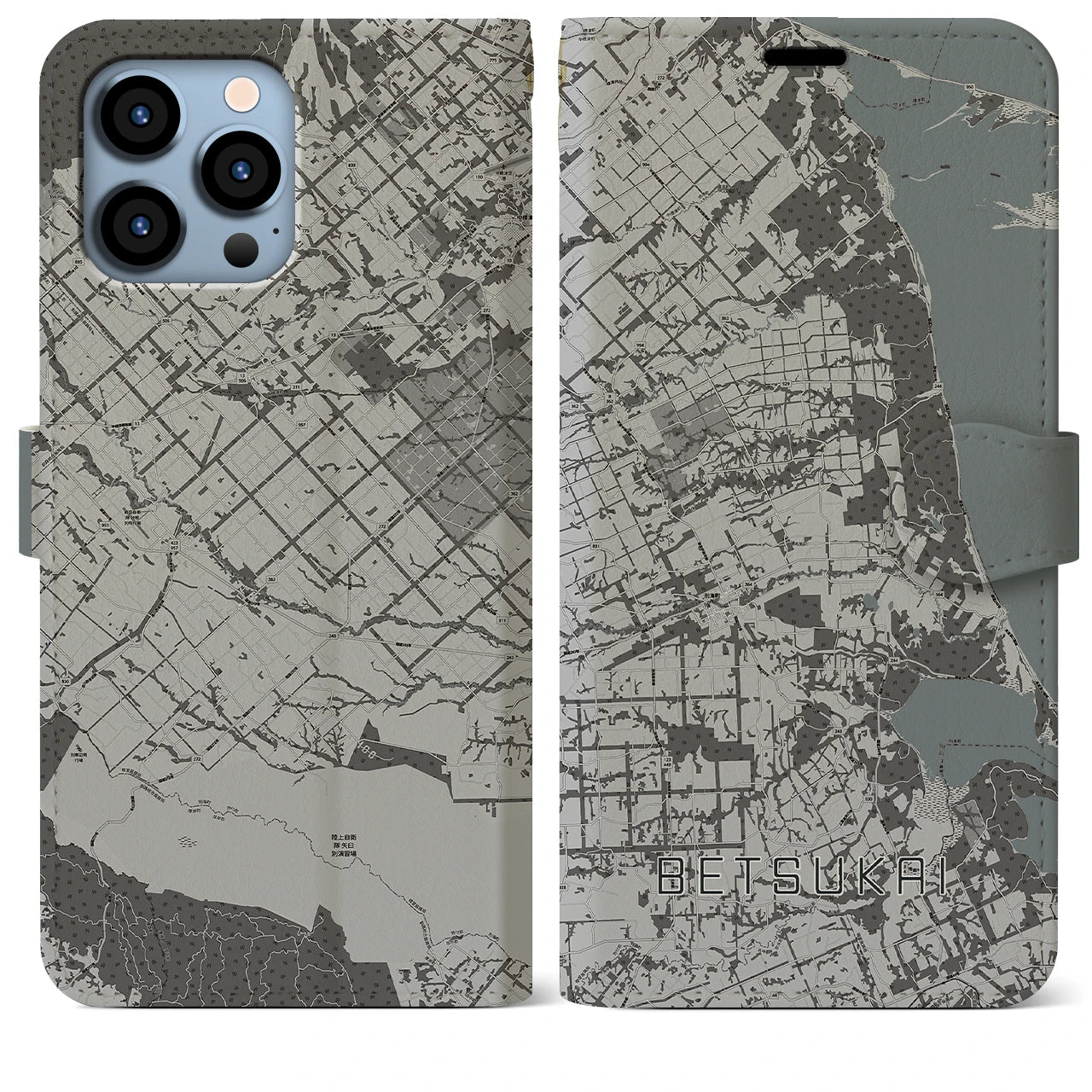 【別海】地図柄iPhoneケース（手帳両面タイプ・モノトーン）iPhone 13 Pro Max 用